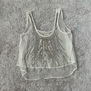 Beaded Sequin White Mesh Cropped Tank Top